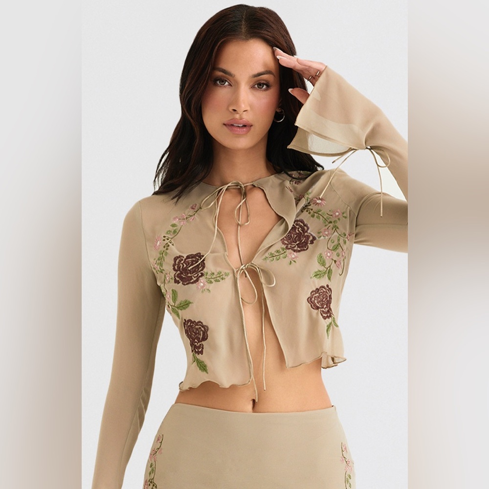 House of CB Asra Floral Embroidered Atrichoke Tie Front Top